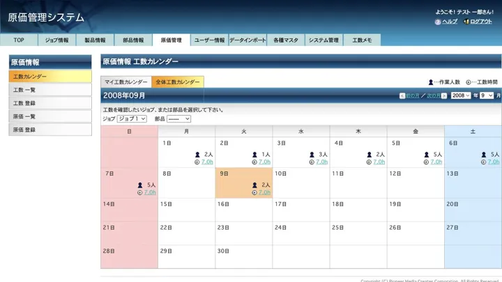 日ごとの作業人数と工数を表示する工数カレンダー画面（縮小イメージ）
