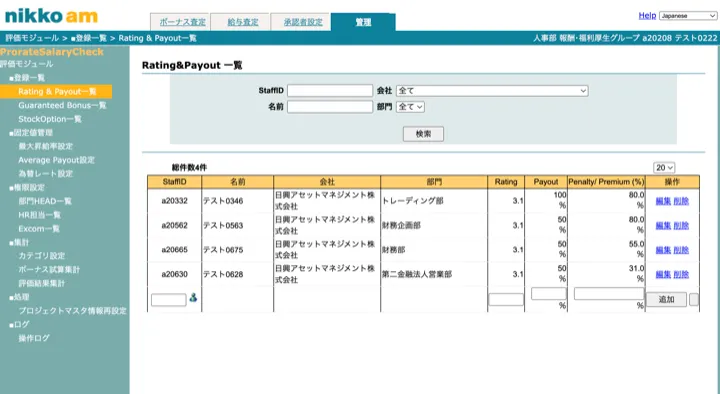 社員ごとのRating・Payout・加算減算率を登録して査定計算の基準とするRating&Payout一覧画面（縮小イメージ）