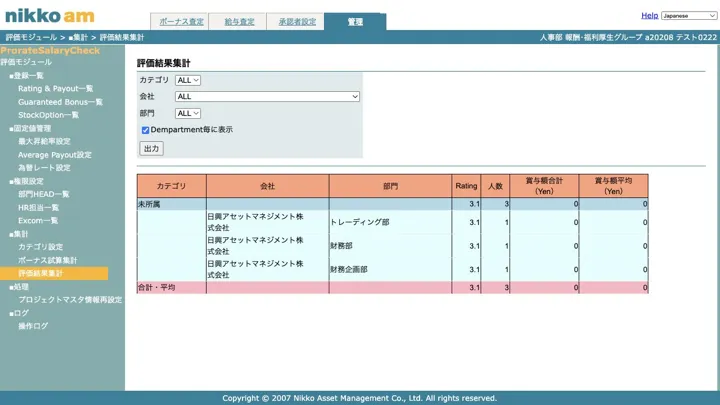 部門・評価ランク別の人数と賞与額を確認しExcelへ出力する評価結果集計画面（縮小イメージ）